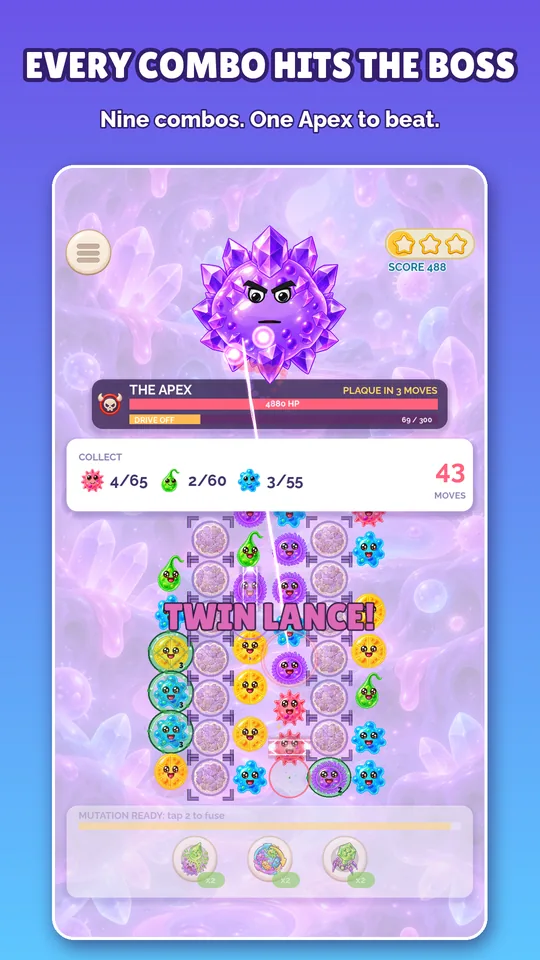 A twin lance combo hitting the Apex boss above the match-3 board