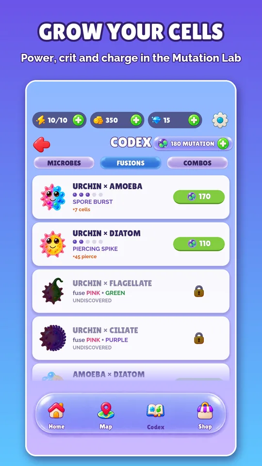 The Mutation Lab with fusion pairs, their abilities and upgrade costs